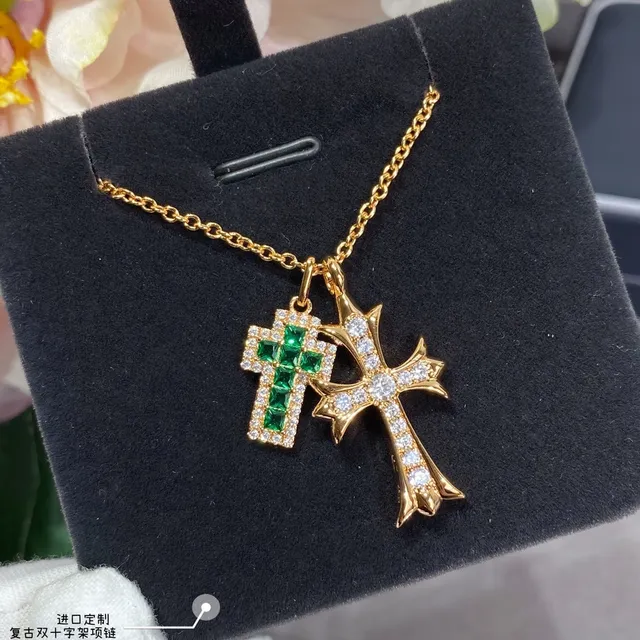 Gold Green Chain Dual Cross Pendants Necklace 2