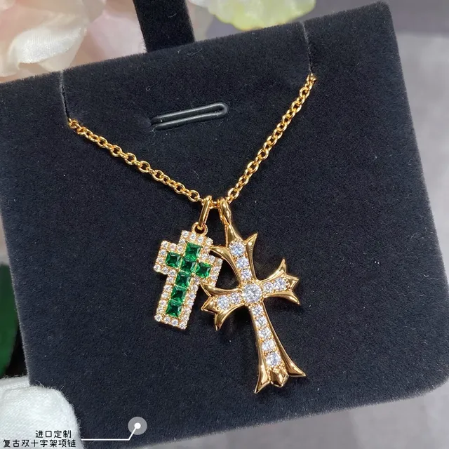 Gold Green Chain Dual Cross Pendants Necklace 3