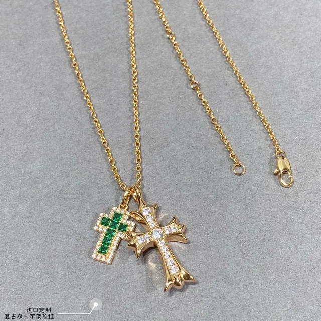 Gold Green Chain Dual Cross Pendants Necklace 5