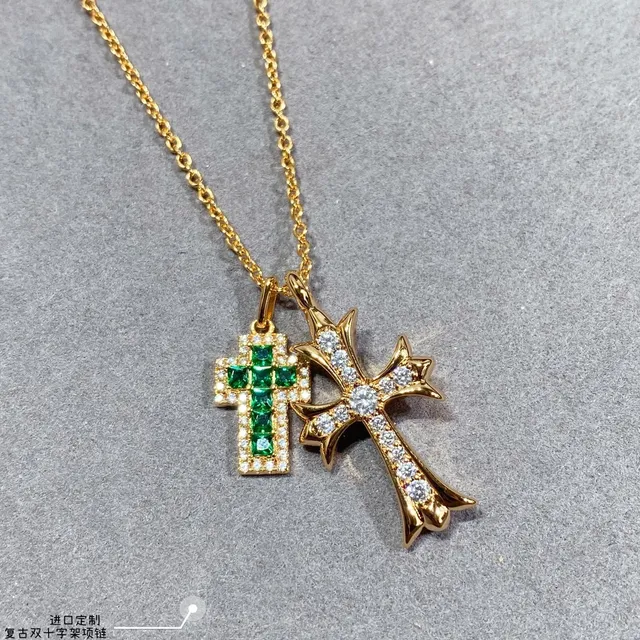 Gold Green Chain Dual Cross Pendants Necklace 6