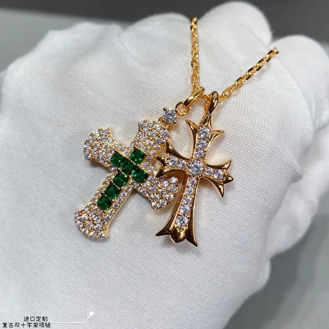 Gold Green Double Cross Pendant Pave-Set Stones Necklace 4