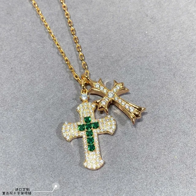 Gold Green Double Cross Pendant Pave-Set Stones Necklace 5