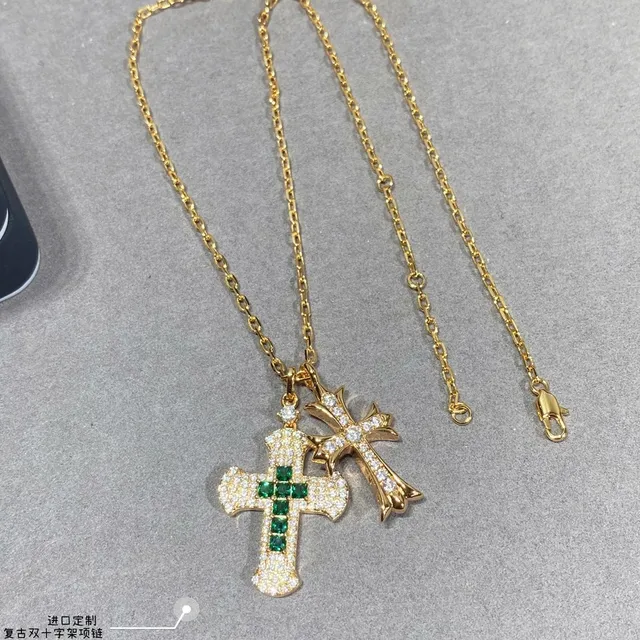 Gold Green Double Cross Pendant Pave-Set Stones Necklace 6
