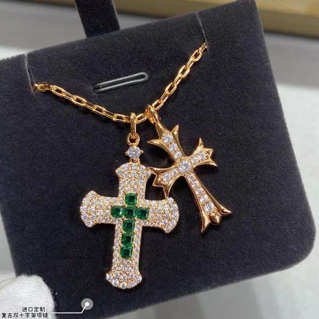 Gold Green Double Cross Pendant Pave-Set Stones Necklace 7