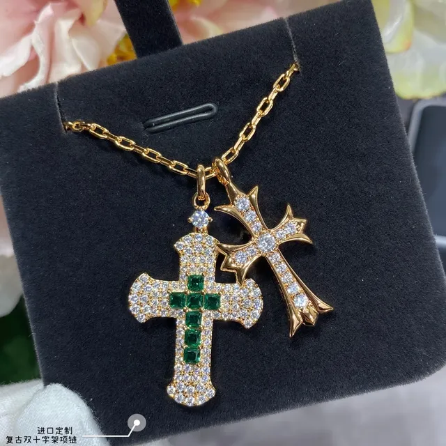 Gold Green Double Cross Pendant Pave-Set Stones Necklace 8