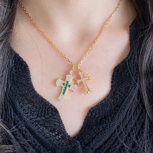Gold Green Double Cross Pendant Pave-Set Stones Necklace 9