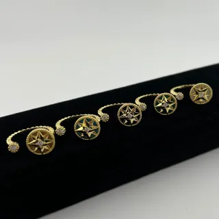 Gold Green Open-Cuff Rings Enamel Compass-Star Motifs Ring