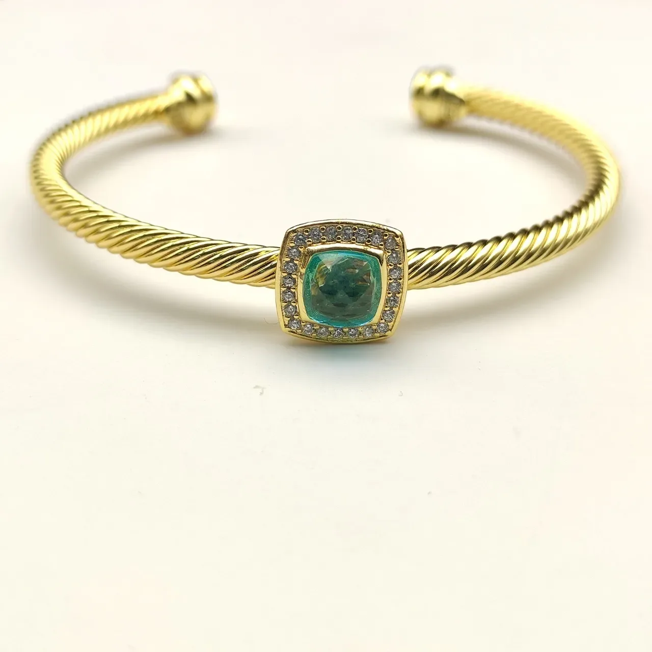 Gold Green Rope-Twist Band Square Cushion-Cut Gemstone Bracelet 2