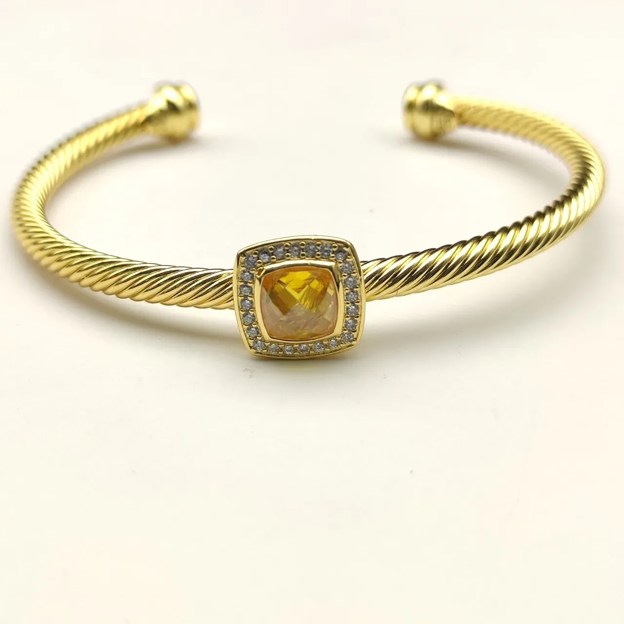 Gold Green Rope-Twist Band Square Cushion-Cut Gemstone Bracelet 4