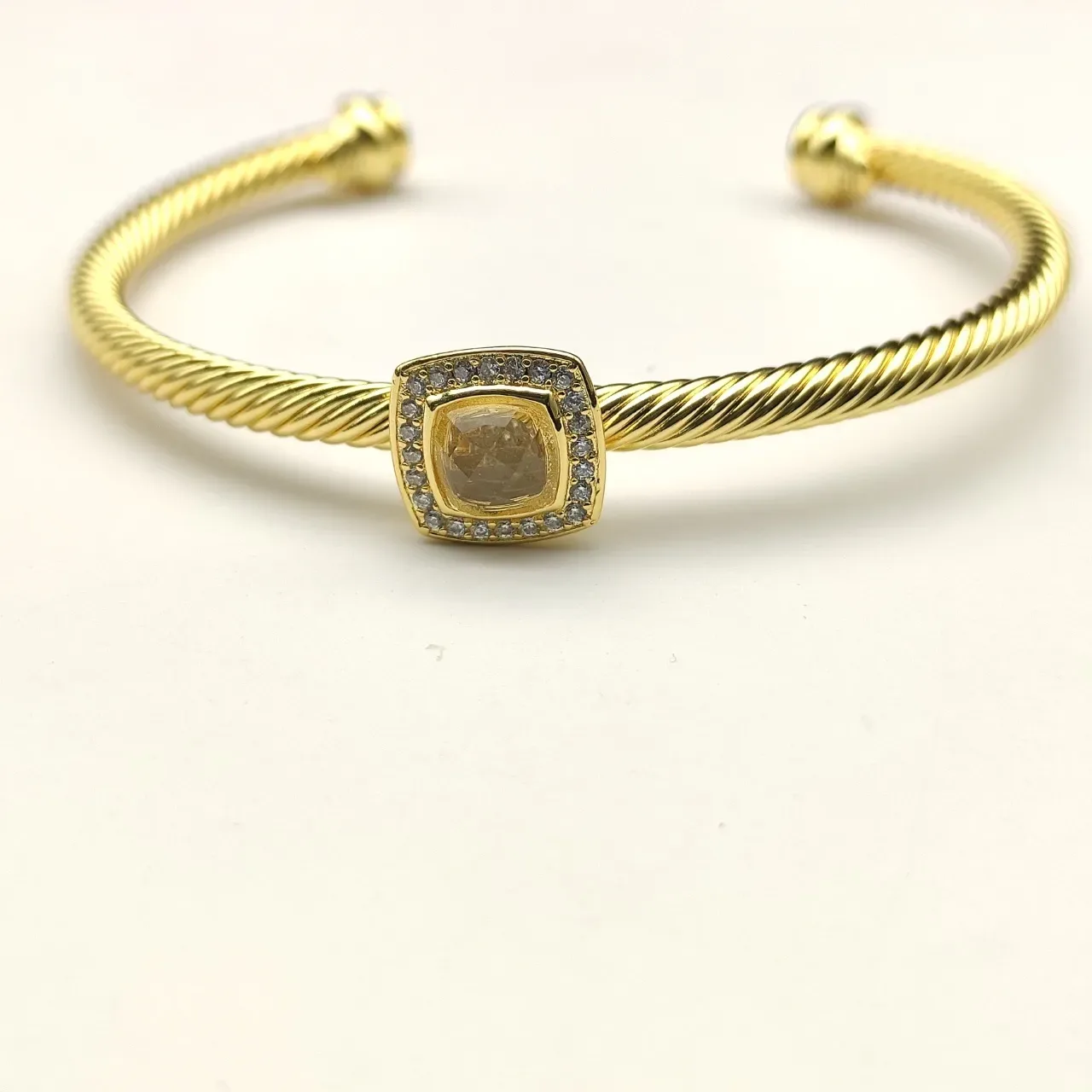 Gold Green Rope-Twist Band Square Cushion-Cut Gemstone Bracelet 6