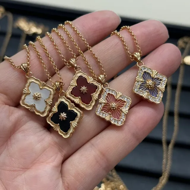 Gold Multicolor Chain Clover-Shaped Enamel Pendant Necklace 4