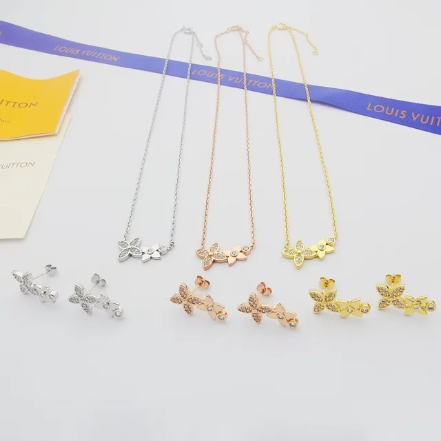 Gold Pink Dual-Floral Pendant Pavé-Set Stones Necklace 2