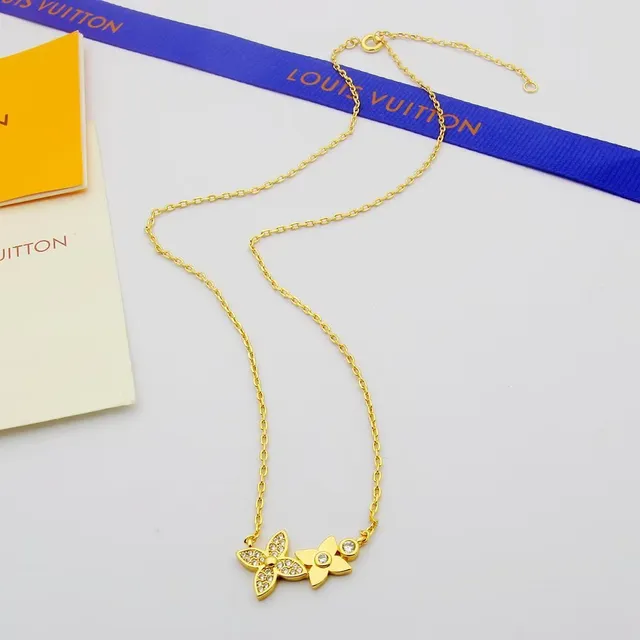 Gold Pink Dual-Floral Pendant Pavé-Set Stones Necklace 3