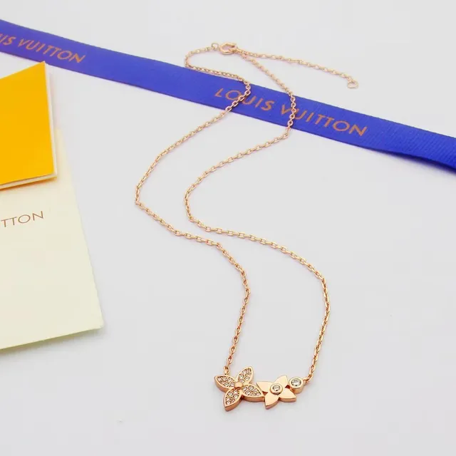 Gold Pink Dual-Floral Pendant Pavé-Set Stones Necklace 5