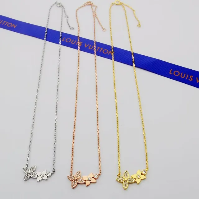Gold Pink Dual-Floral Pendant Pavé-Set Stones Necklace 6