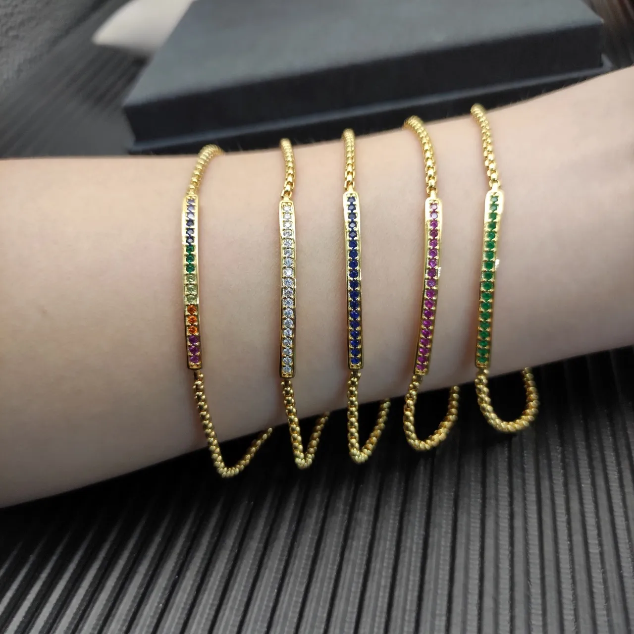 Gold Red Box Chain Pavé-Set Gemstone Bar Bracelet 2