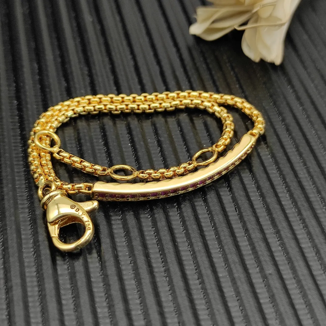 Gold Red Box Chain Pavé-Set Gemstone Bar Bracelet 6