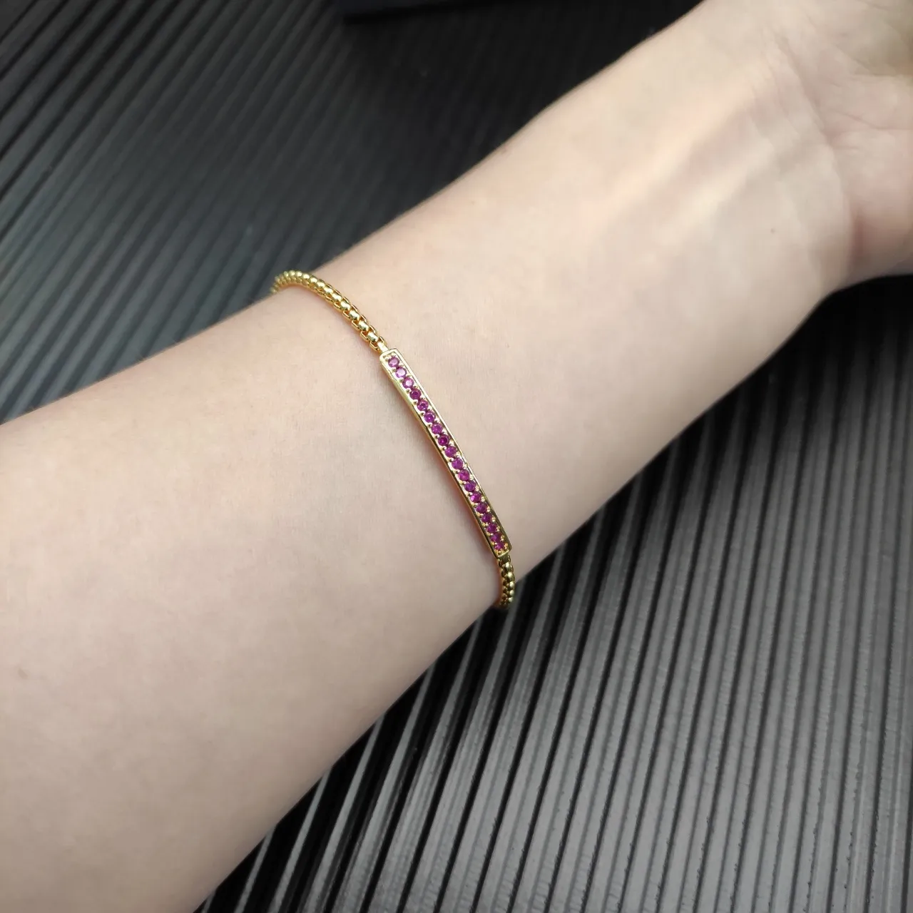 Gold Red Box Chain Pavé-Set Gemstone Bar Bracelet 7