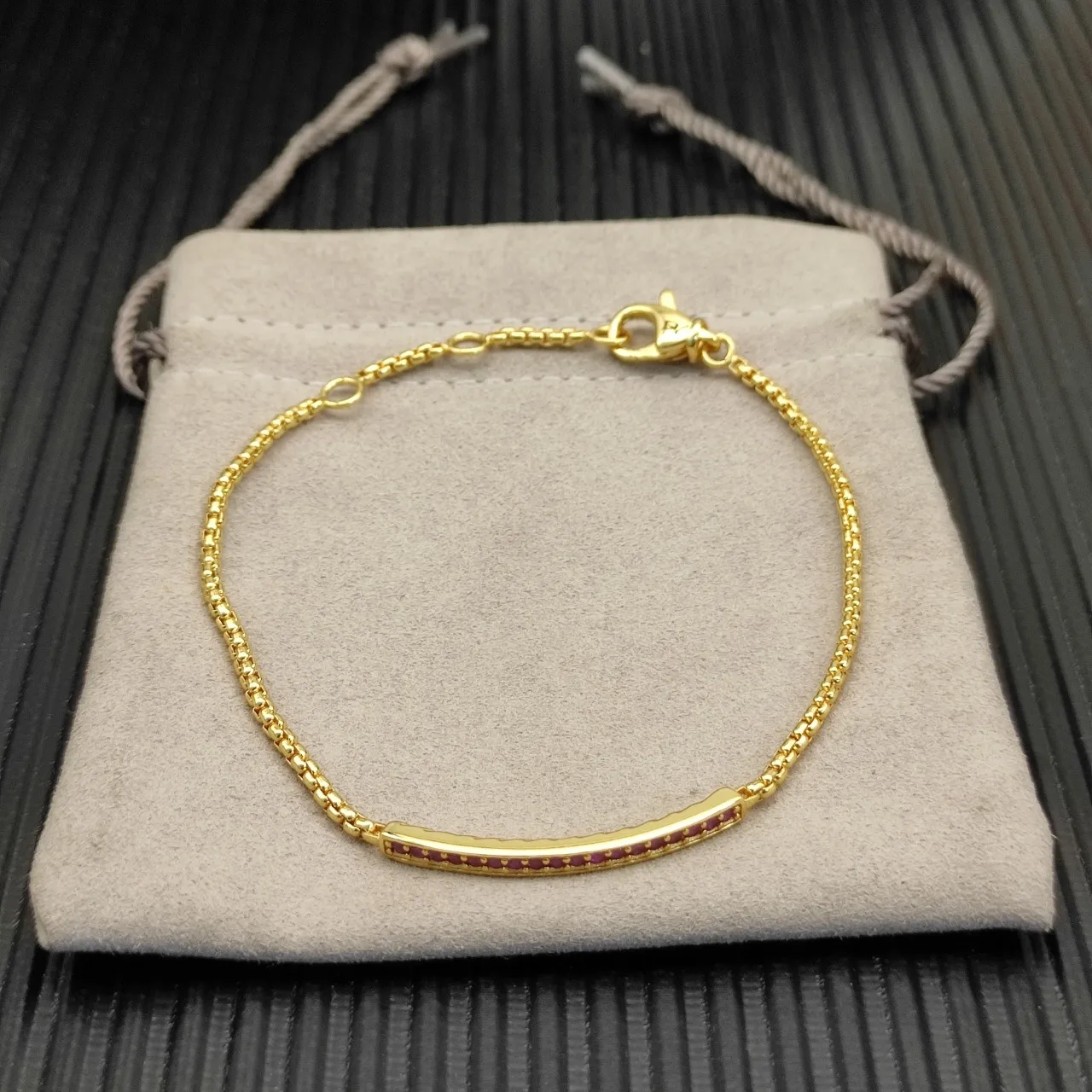 Gold Red Box Chain Pavé-Set Gemstone Bar Bracelet 8