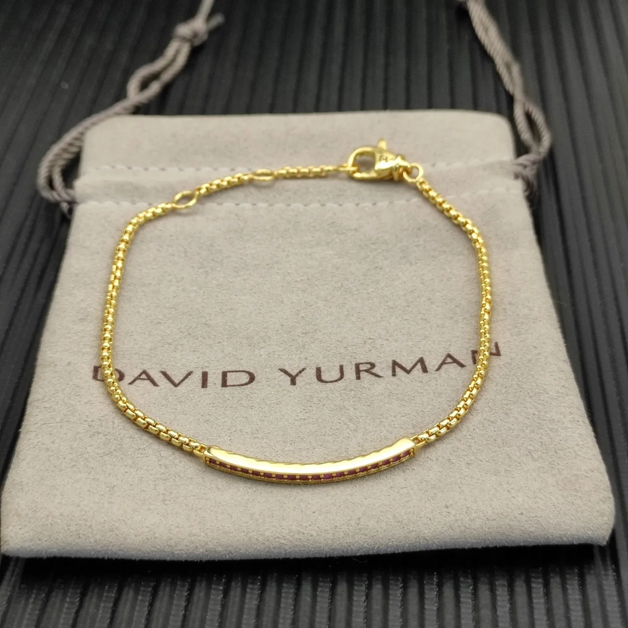Gold Red Box Chain Pavé-Set Gemstone Bar Bracelet 9