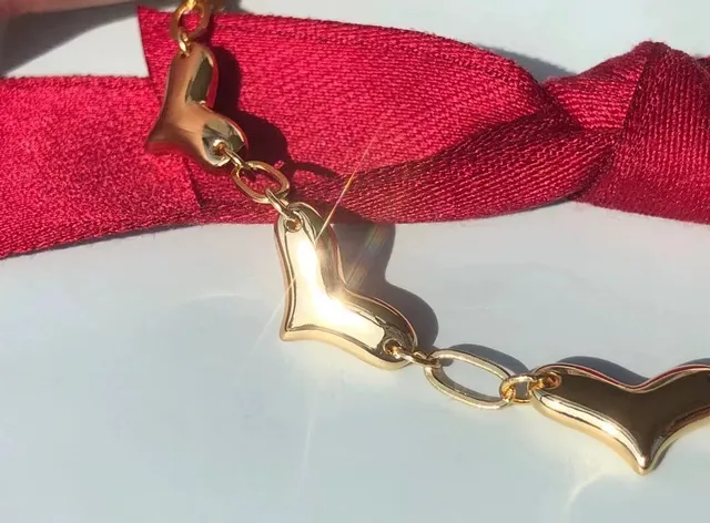 Gold Red Chain Heart-Shaped Links Bracelet 7