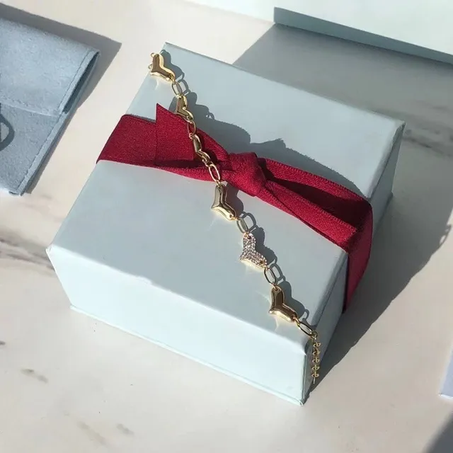 Gold Red Chain Heart-Shaped Links Bracelet 8