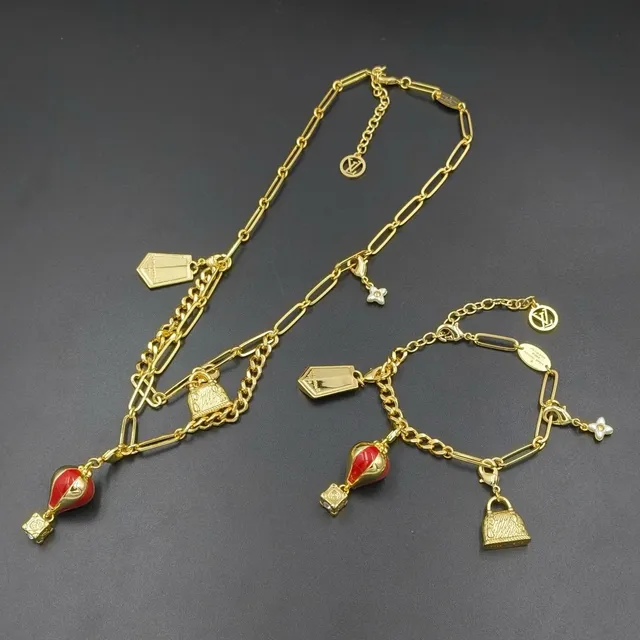 Gold Red Double-Layer Chain Multi-Charm Bracelet 3