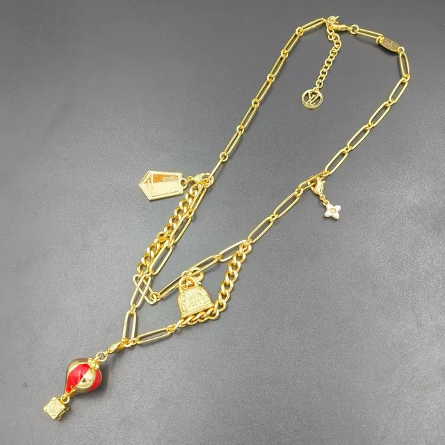 Gold Red Double-Layer Chain Multi-Charm Bracelet 5