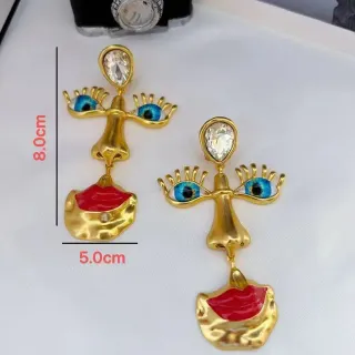 Gold Red Facial Motif Enamel Detail Earrings