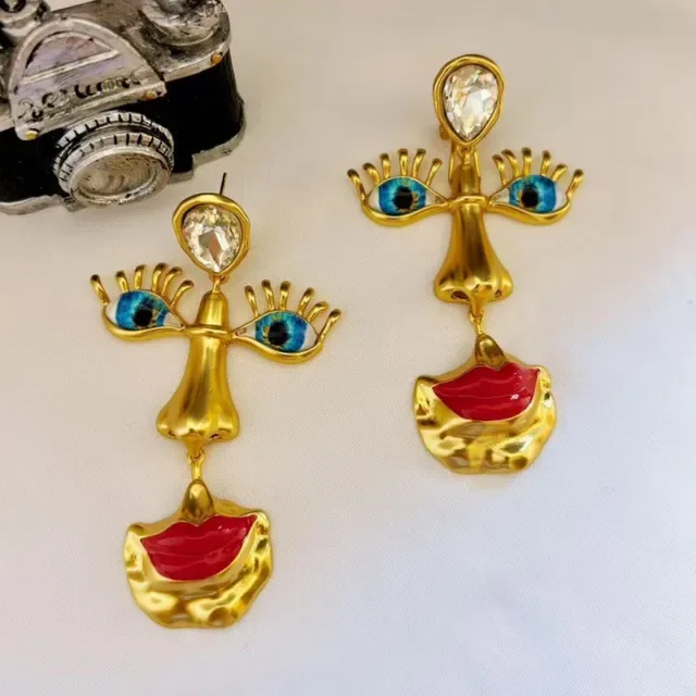 Gold Red Facial Motif Enamel Detail Earrings 2