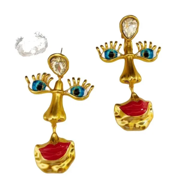 Gold Red Facial Motif Enamel Detail Earrings 3