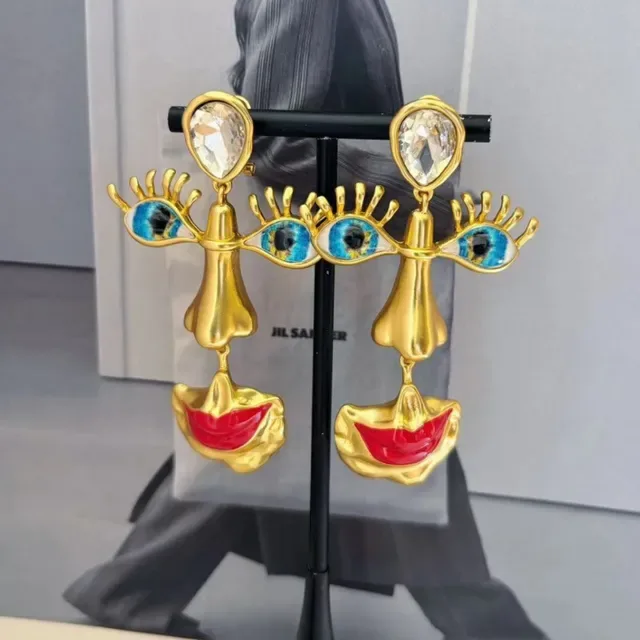 Gold Red Facial Motif Enamel Detail Earrings 4