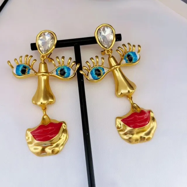Gold Red Facial Motif Enamel Detail Earrings 5