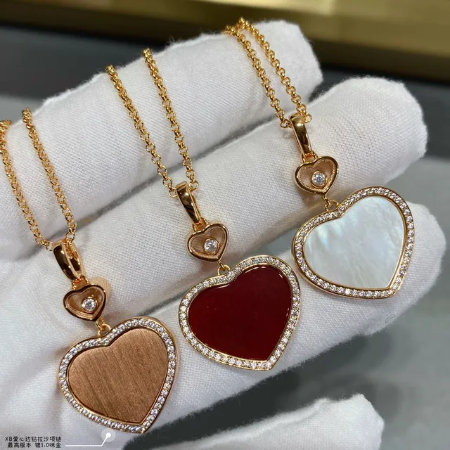 Gold Red Heart-Shaped Locket Pendant Pavé Diamond Border Necklace 2