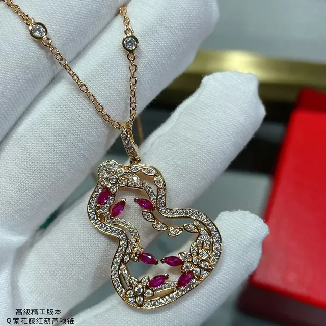 Gold Red Openwork Gourd Pendant Pavé White Stones Necklace 4