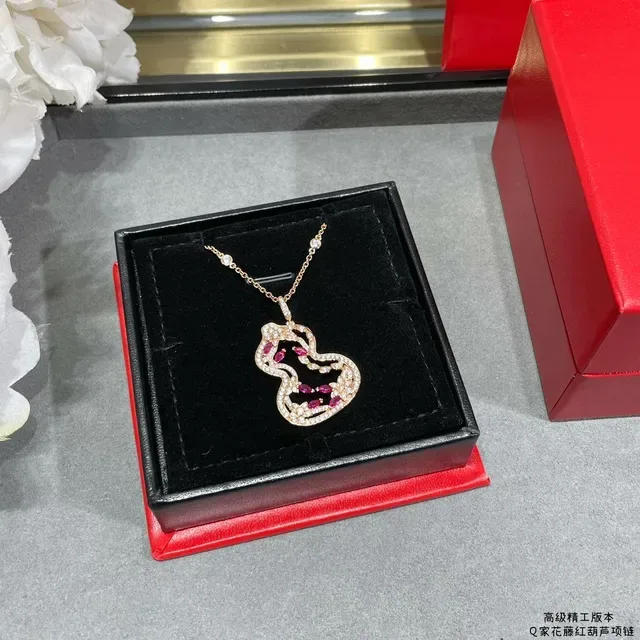 Gold Red Openwork Gourd Pendant Pavé White Stones Necklace 6