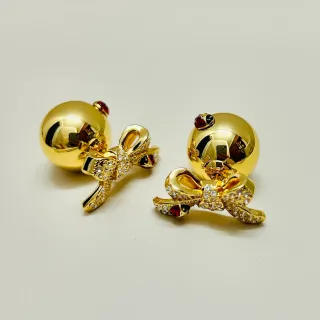Gold Red Spherical Studs Crystal-Encrusted Bows Earrings