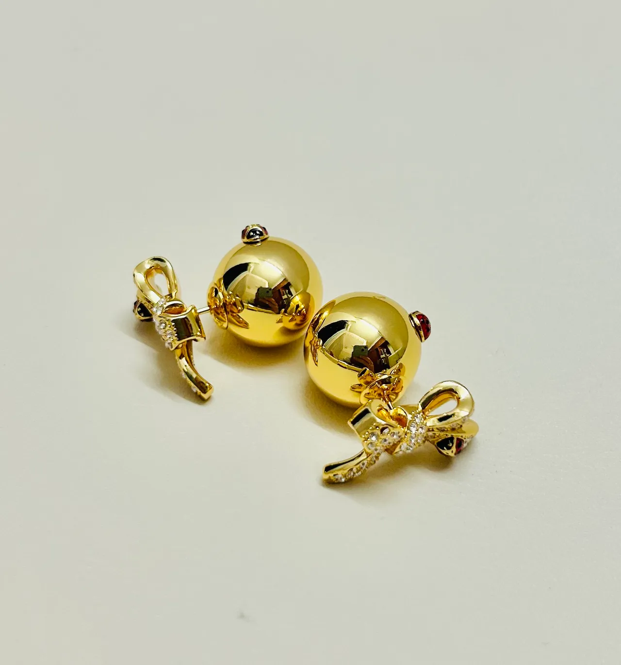 Gold Red Spherical Studs Crystal-Encrusted Bows Earrings 2