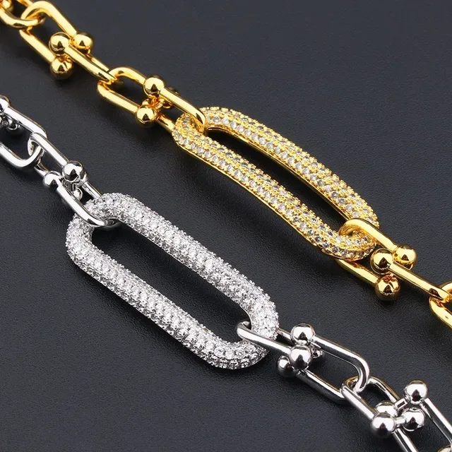 Gold Silver Chain Link Pavé Rectangular Centerpiece Bracelet 7