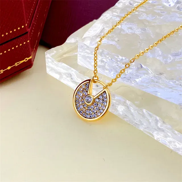 Gold Silver Circular Pave-Set Pendant Openwork Arc Motif Necklace 2