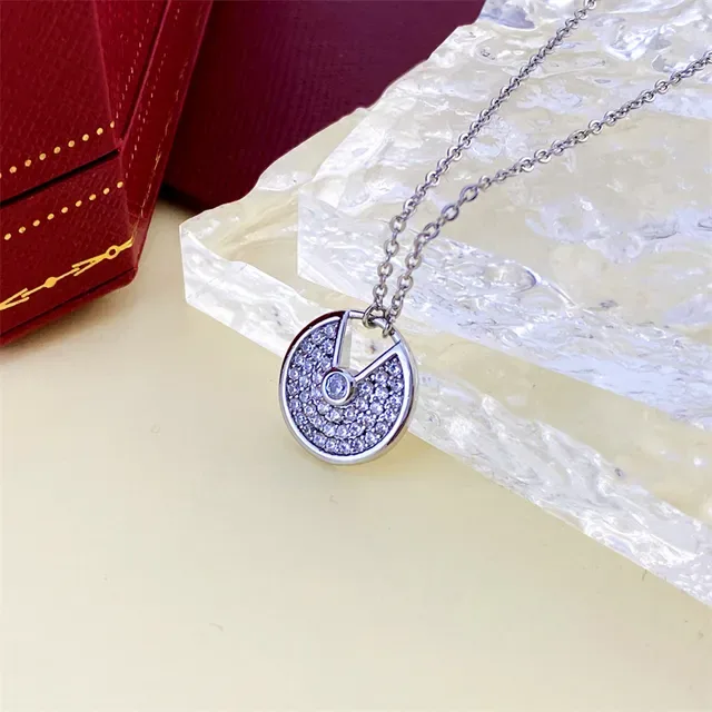 Gold Silver Circular Pave-Set Pendant Openwork Arc Motif Necklace 4