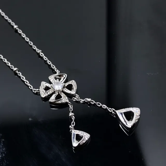 Gold Silver Floral Pendant Dangling Triangular Drops Necklace 4