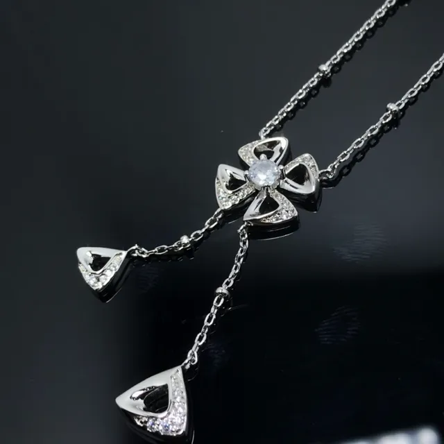 Gold Silver Floral Pendant Dangling Triangular Drops Necklace 6