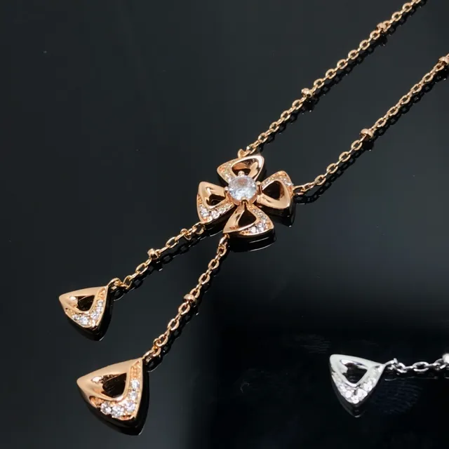 Gold Silver Floral Pendant Dangling Triangular Drops Necklace 8