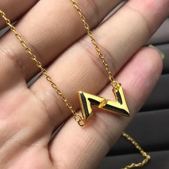 Gold Silver Geometric V-Shaped Pendant Polished Metallic Finish Necklace 2
