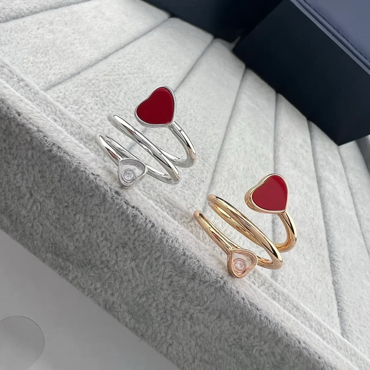 Gold Silver Heart-Shaped Enamel Inlay Double-Band Open Ring 5