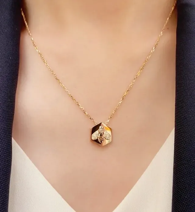 Gold Silver Hexagonal Pendant Bee Motif Necklace 9