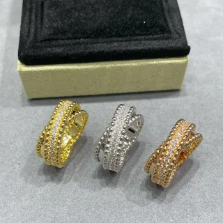 Gold Silver Multi-Row Beaded Band Pavé-Set Stones Ring