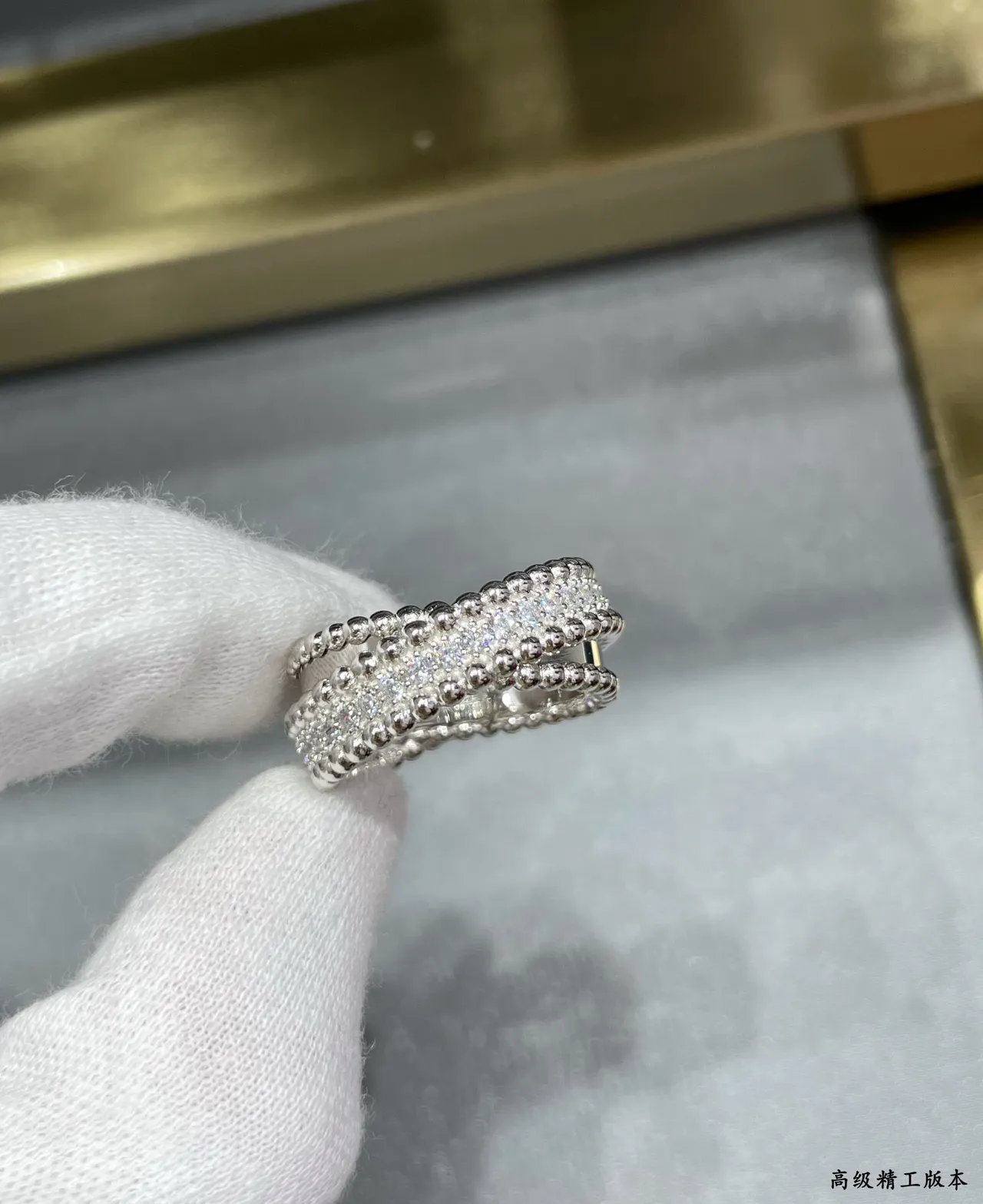 Gold Silver Multi-Row Beaded Band Pavé-Set Stones Ring 2