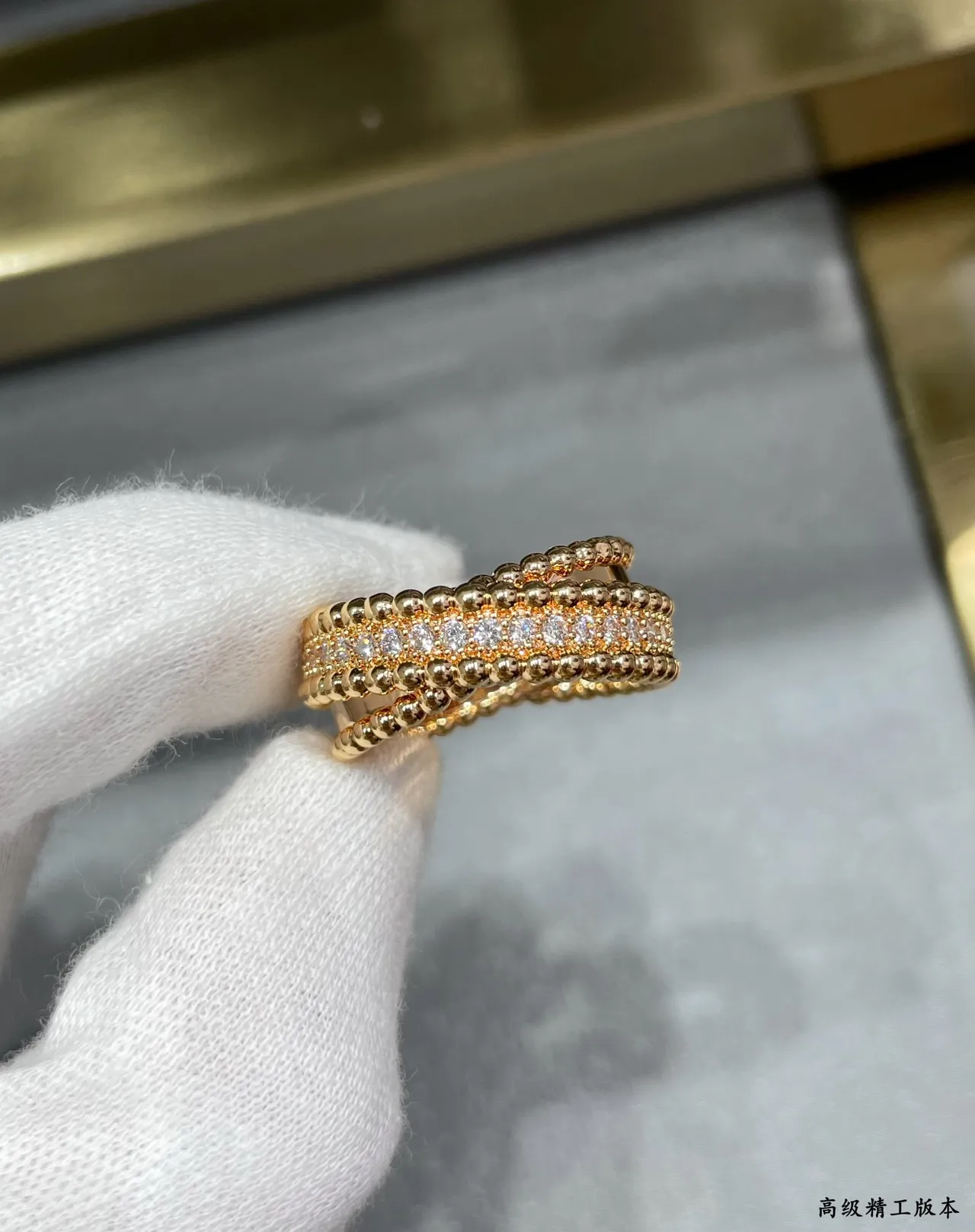Gold Silver Multi-Row Beaded Band Pavé-Set Stones Ring 3